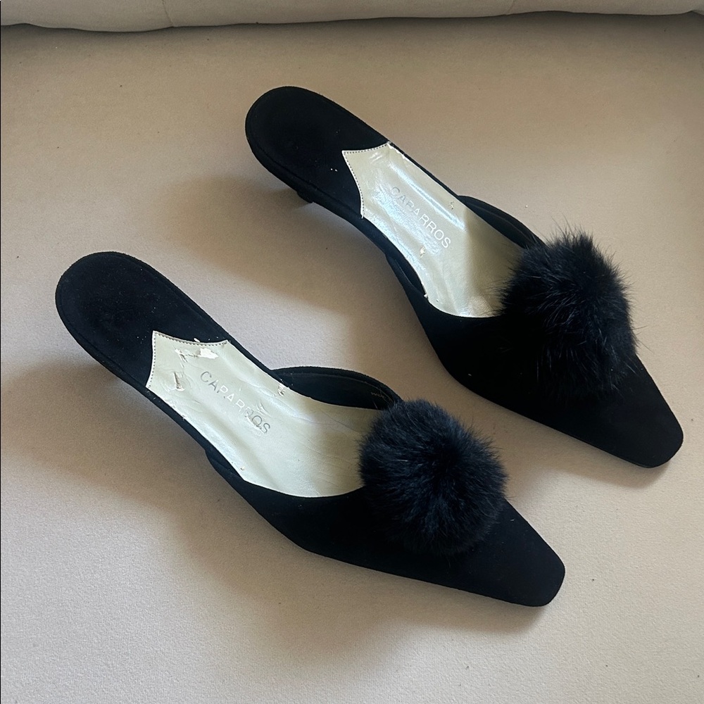 Caparros Black Mules with Fur Accent